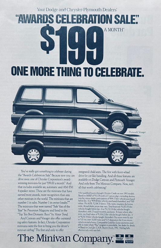 1993 Dodge Caravan Plymouth Voyager Minivan Magazine Ad