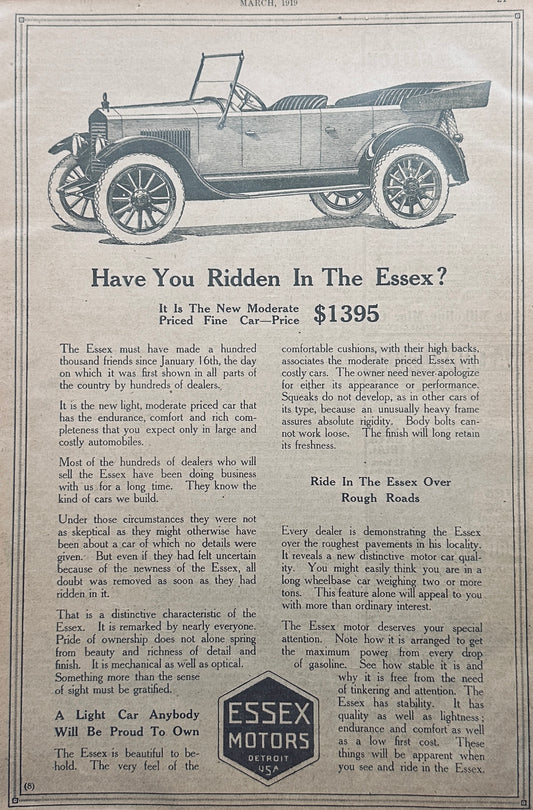 1919 Essex Motorcar by Essex Motors - Pre-Hudson Magazine Ad A53