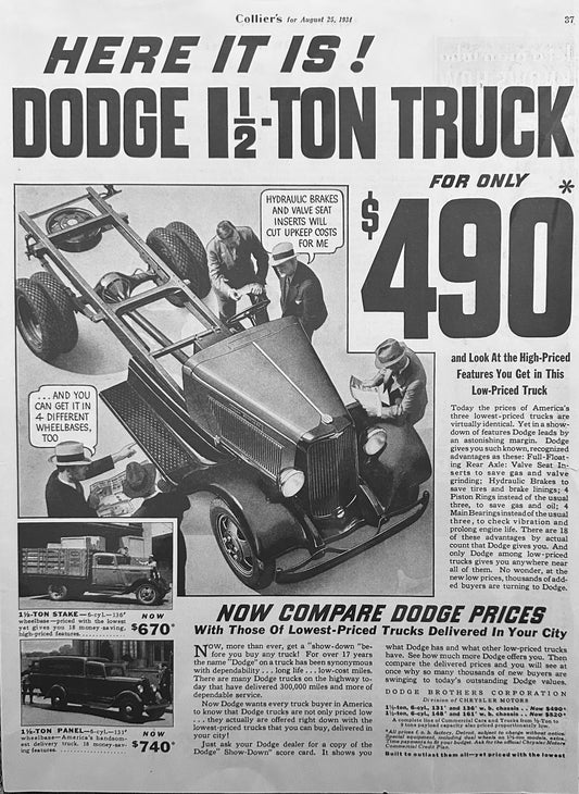 1934 Dodge 1 1/2 Ton Truck - Stake Side or Panel - Magazine Ad #468