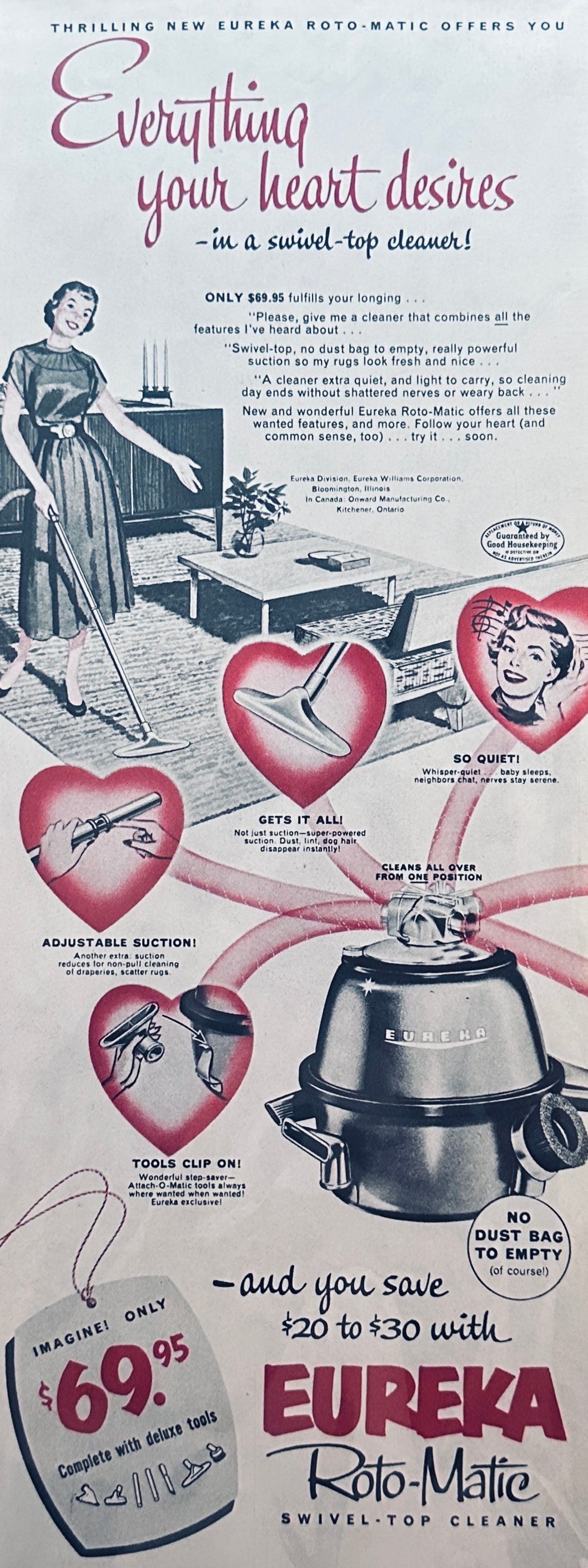 1957 Eureka Canister Vacuum - Swivel Top Canister - Magazine Ad