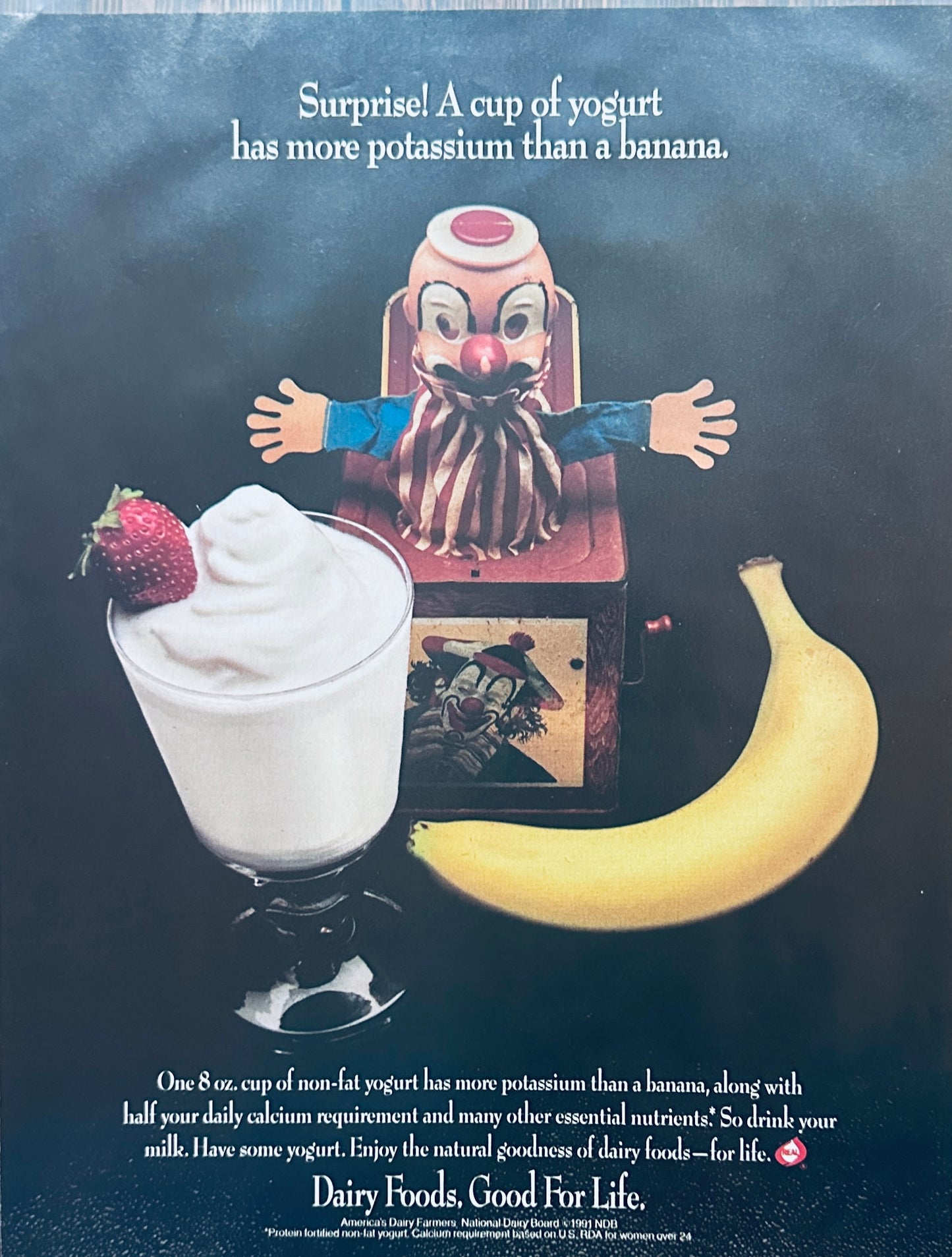 1992 Dairy Foods and Scary Clown Jack-in-the-box Magazine Ad