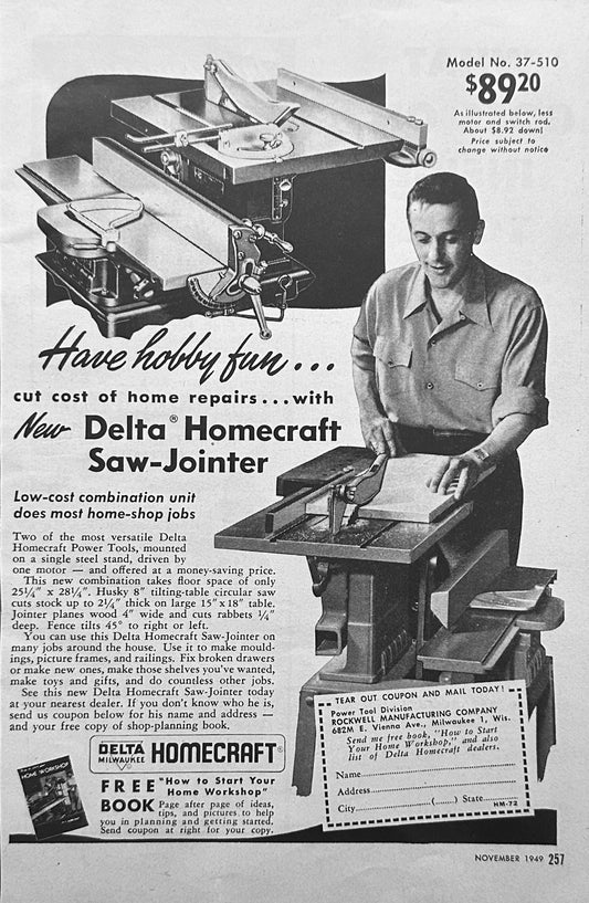 1949 Delta Homecraft Saw-Jointer Model 37-510 - Home Woodworking - Magazine Ad