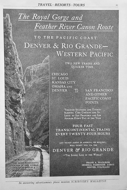 1911 Denver & Rio Grande Transcontinental Train Route Magazine Ad