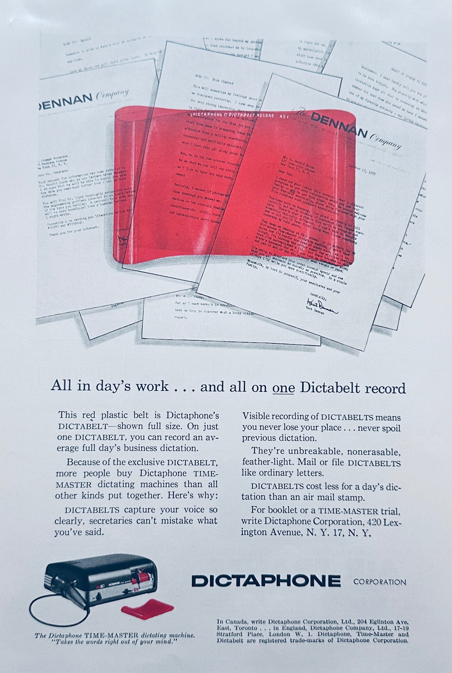 1956 Dictaphone with Red Dictabelt Record - Magazine Ad