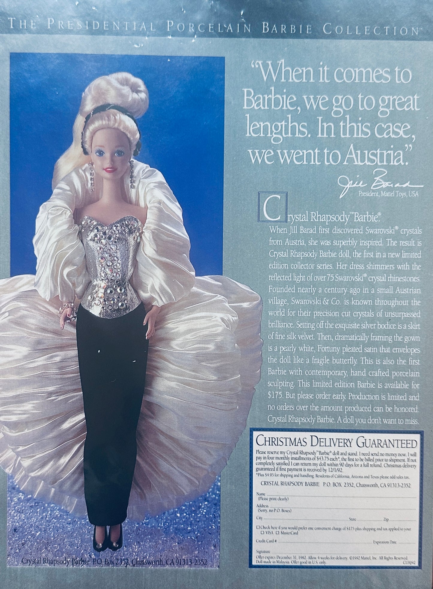 1992 Crystal Rhapsody Barbie by Mattel - Presidential Collection - Promo Ad