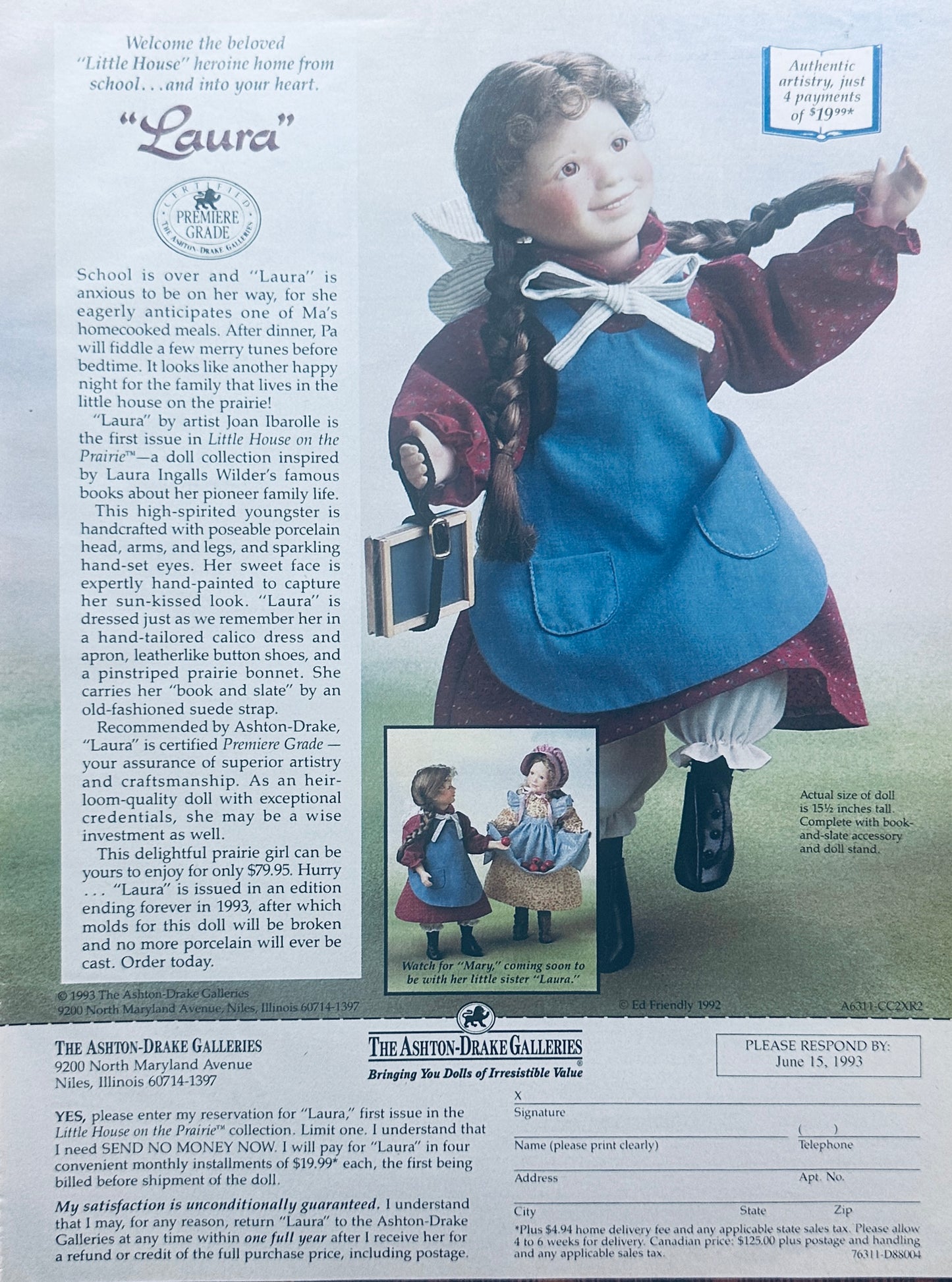 1992 Laura - Porcelain Doll -  Ashton-Drake Little House Promotional Ad