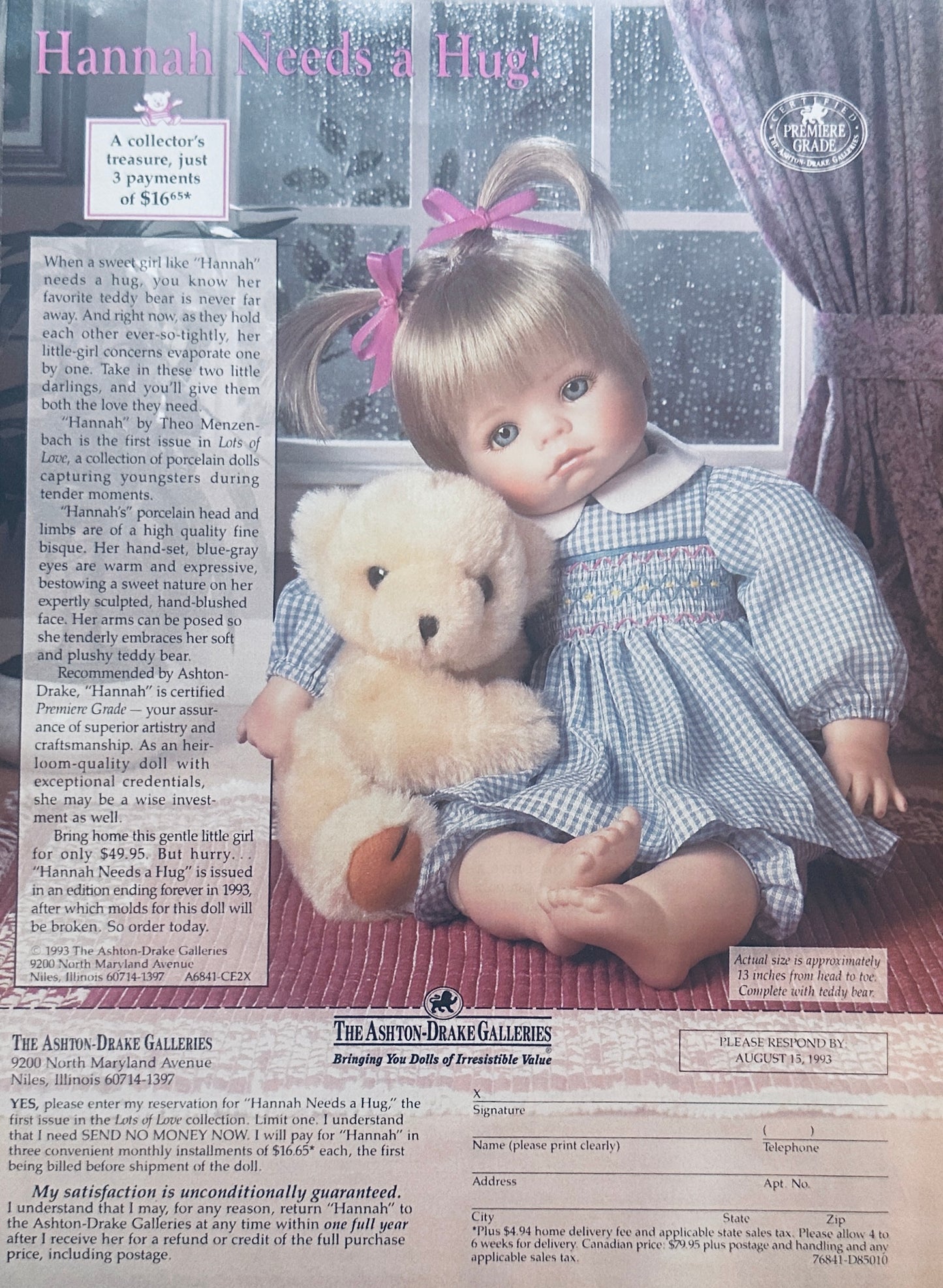 1993 Ashton-Drake Hannah Needs A Hug -Porcelain Doll - Promotional Ad