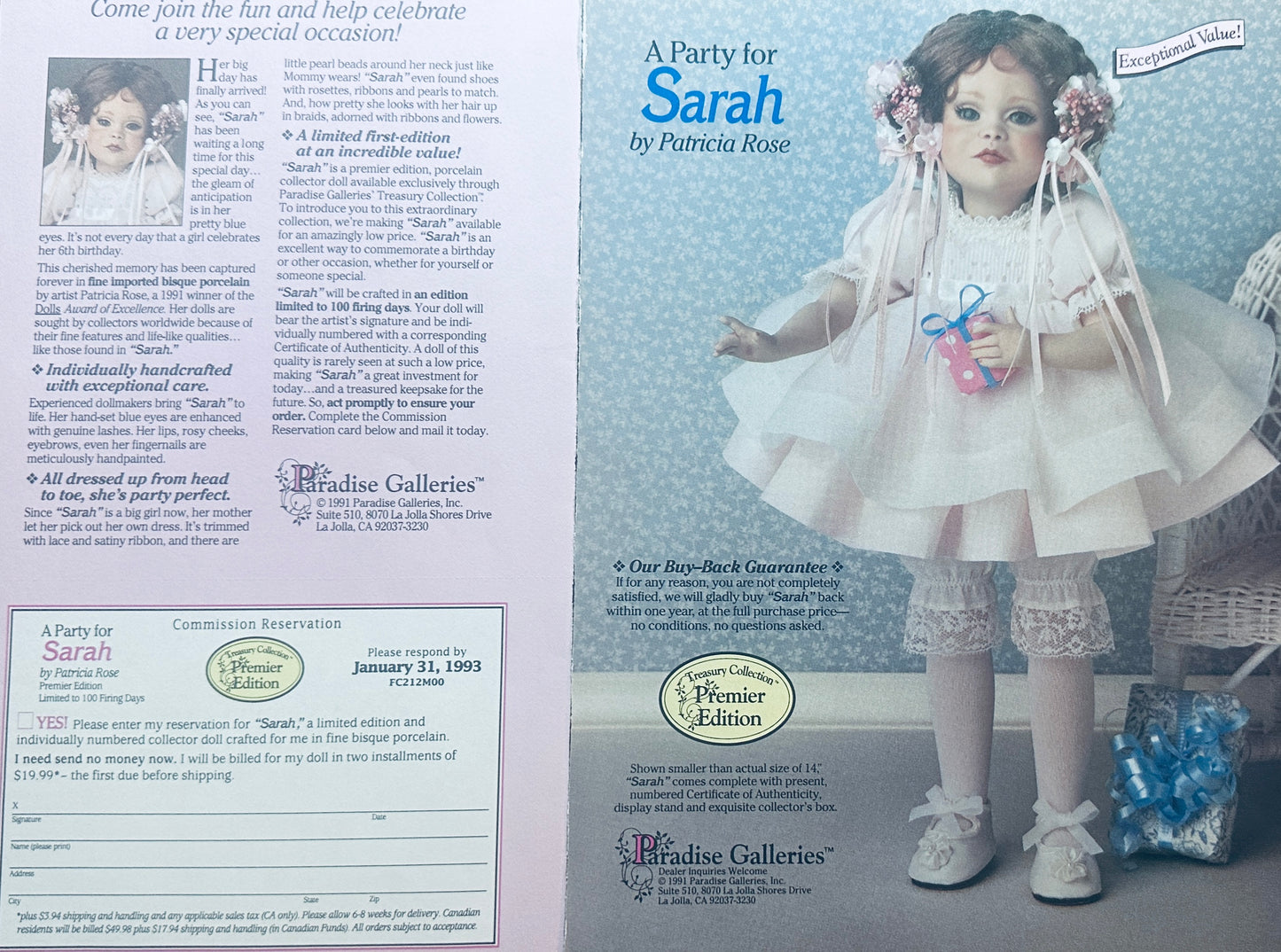 1993 Sarah -  Paradise Galleries -  Porcelain Doll Magazine Ad