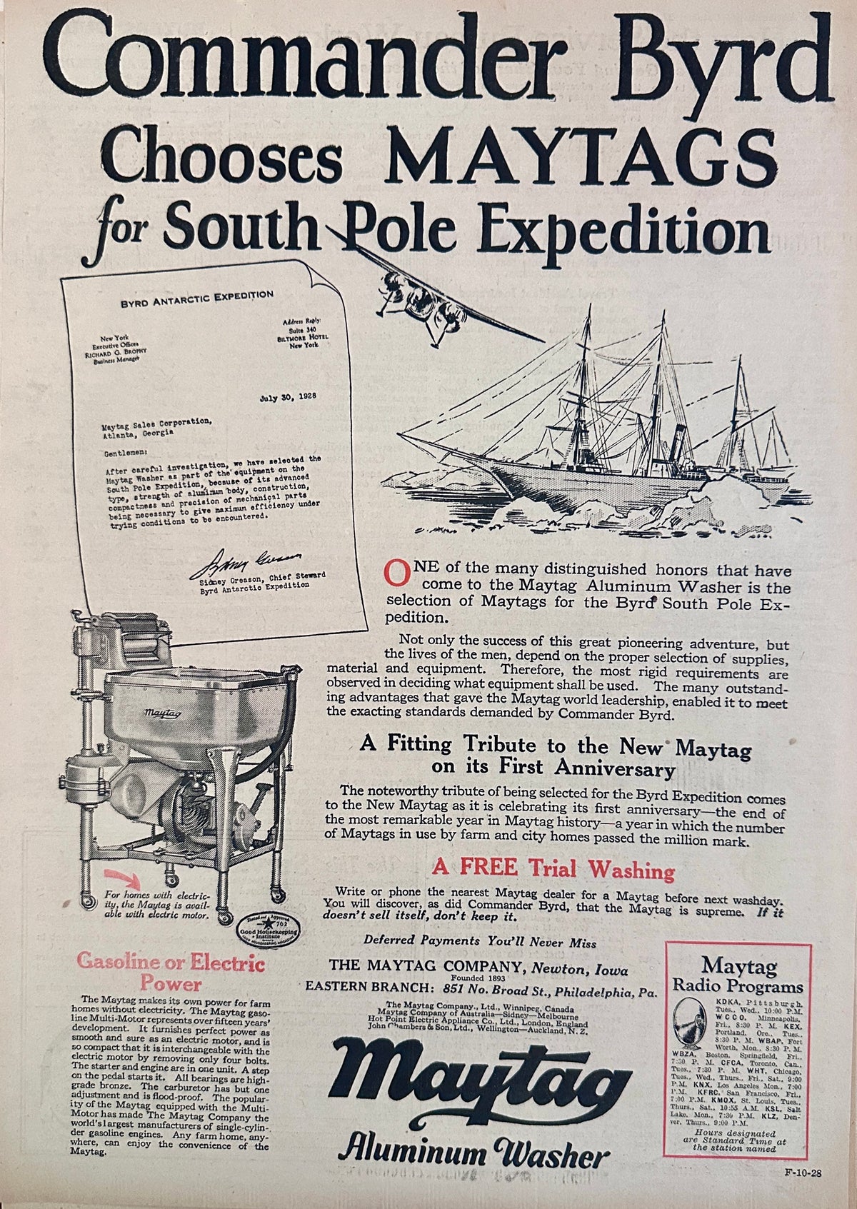 1928 Commander Byrd Chooses Maytag For South Pole Ad #2234