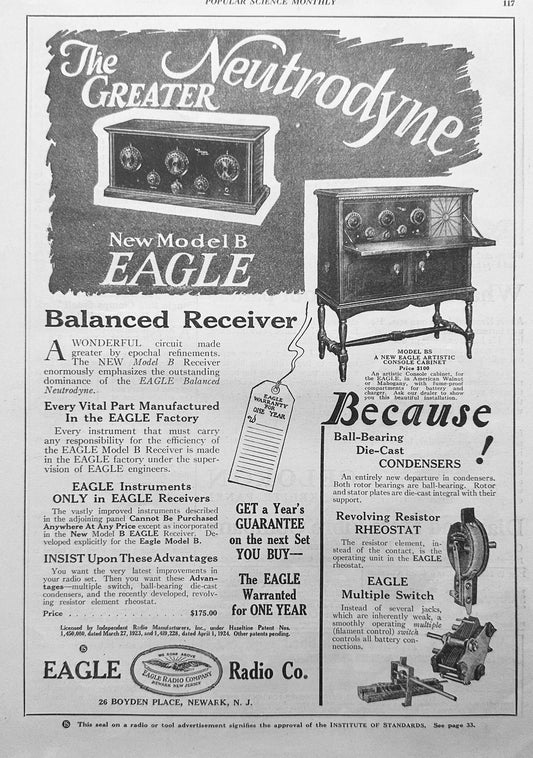 1924 Eagle Model B Radio  The Greater Neutrodyne - Ad N309