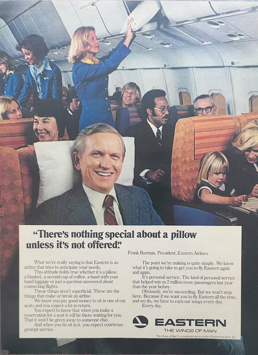 1977 Eastern Airlines The Wings Of Man  Who Needs a Pillow? Magazine Ad