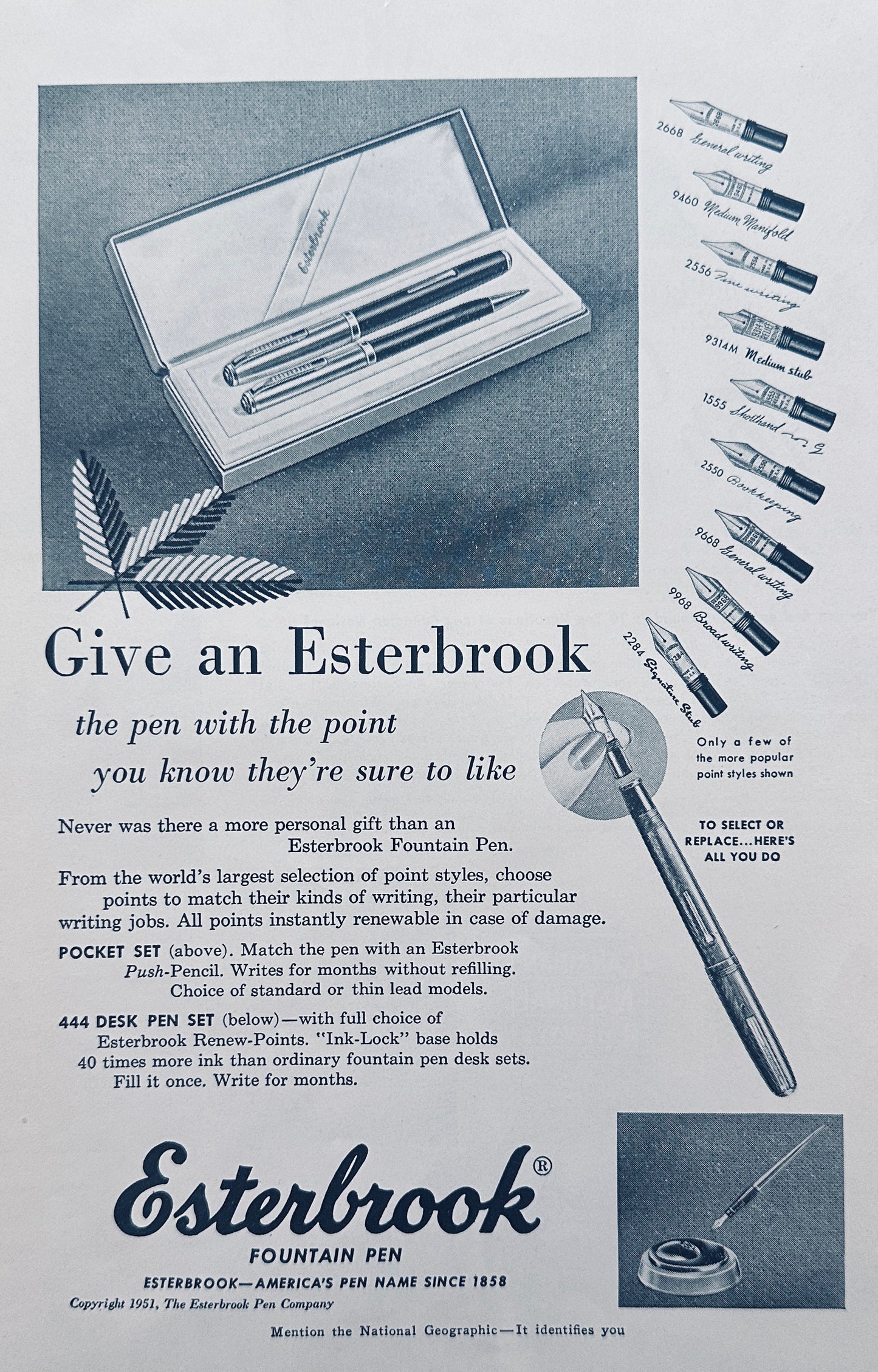 1951 Esterbrook Fountain Pen With 9 Interchangeable Points - Promo Ad