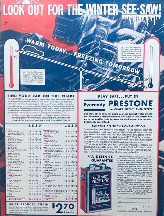 1935 Eveready Prestone Vintage Anti-Freeze Automobilia Ad & Kalamazoo Kitchen N342