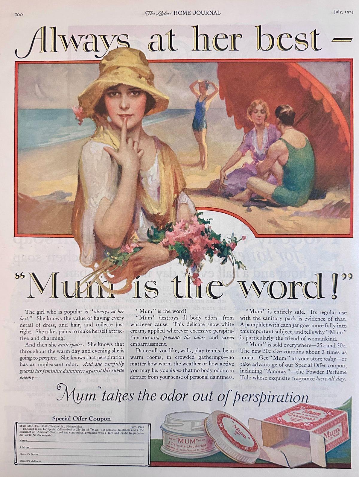 1924 Art Deco Period Ad for MUM Deodorant Beautiful Beach Scene Ad #2272