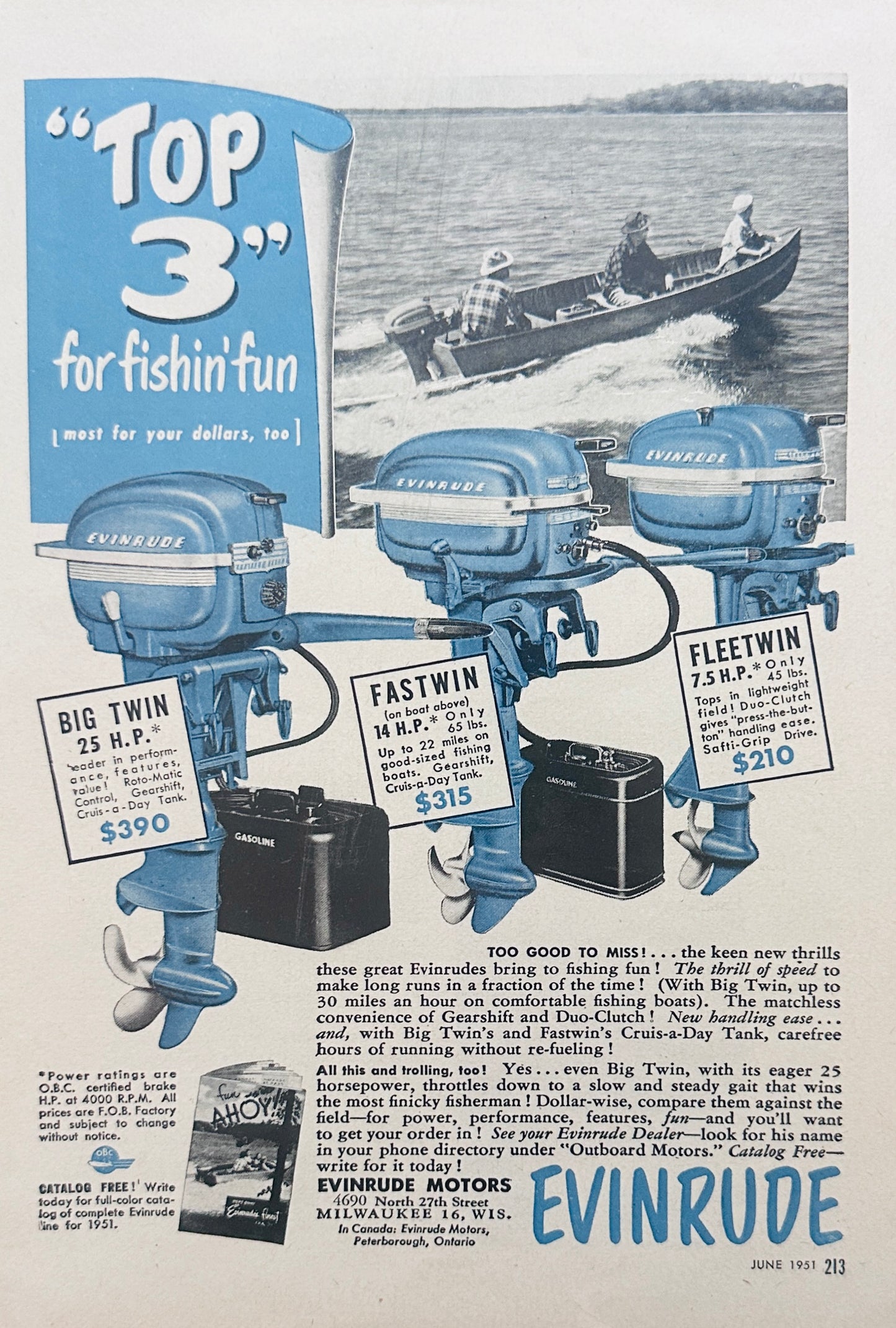 1951 Evinrude Top 3 for Fishing Fun - Outboard Motors Magazine Ad