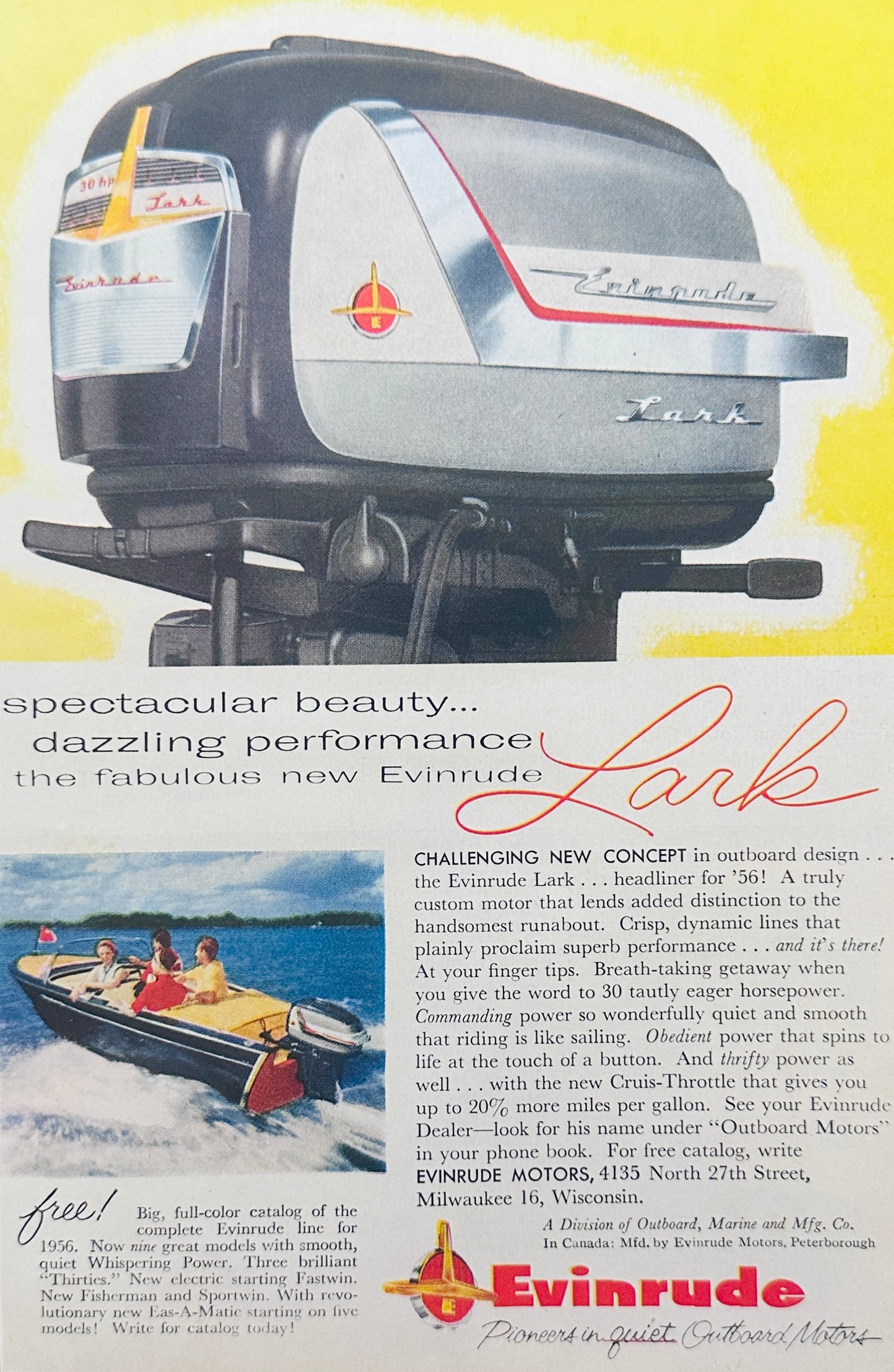 1955 - Evinrude Lark 30hp for 1956 & Synchro Tilting Arbor Jig Saw Magazine Ads