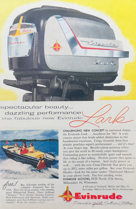 1955 - Evinrude Lark 30hp for 1956 & Synchro Tilting Arbor Jig Saw Magazine Ads