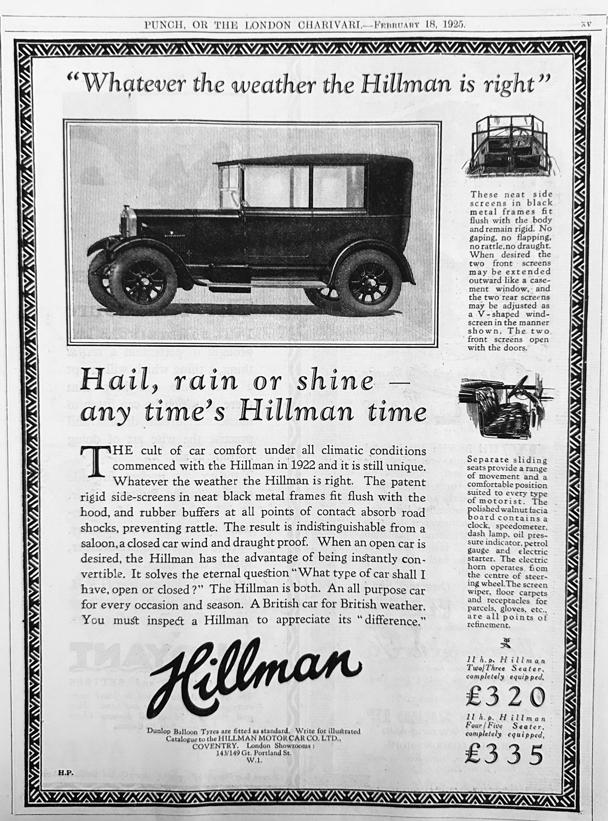 1925 Hail, Rain or Shine - Any Time is Hillman Time Ad #N1483