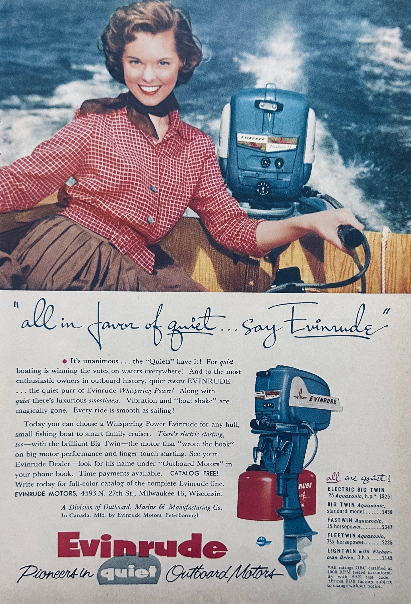 1955 Evinrude - Pioneers in Quiet Outboard Motors - Magazine Ad