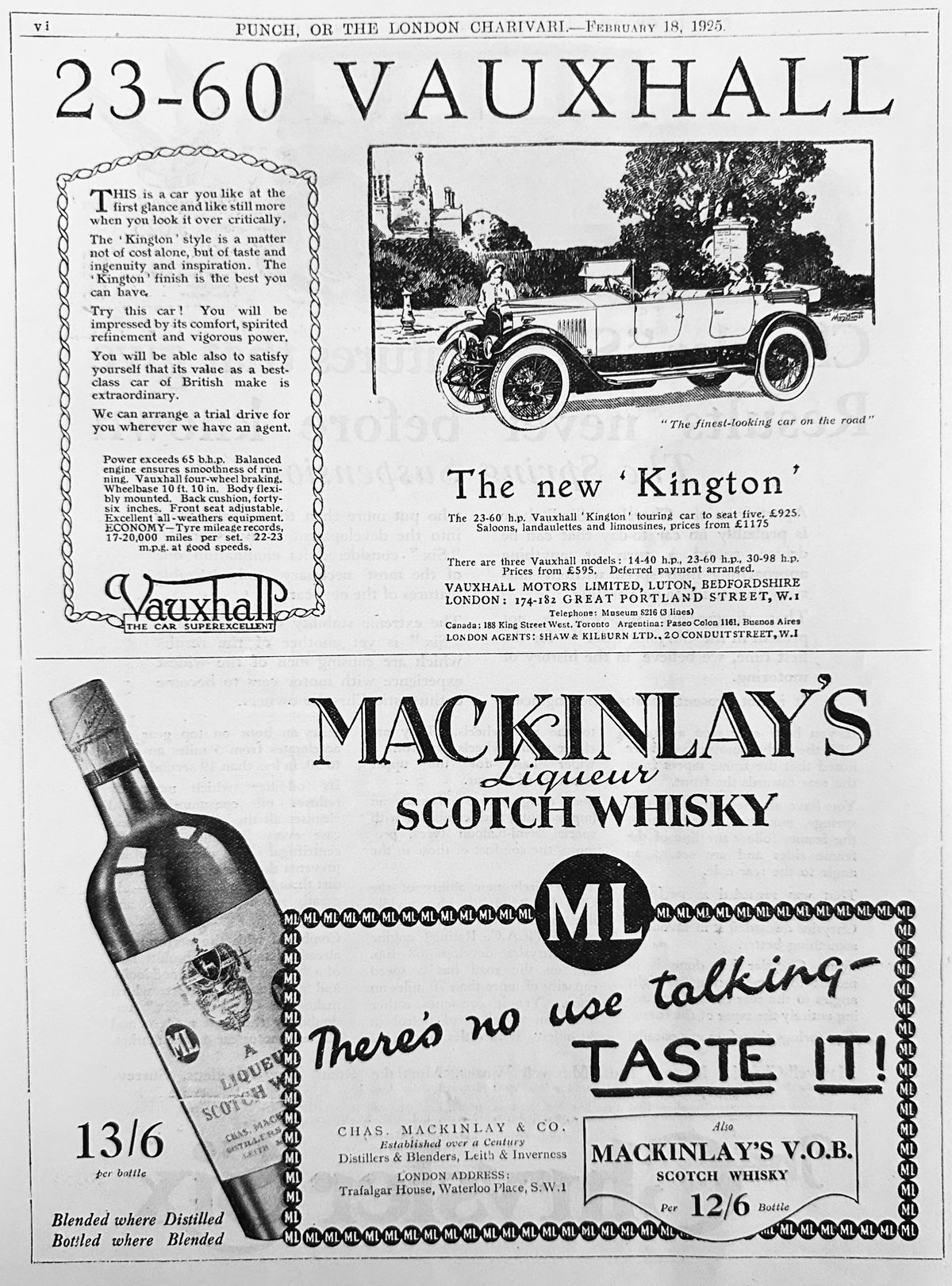 1925 British Vauxhall Kington Motor Car & Mackinlay's Whisky Ad #N1484