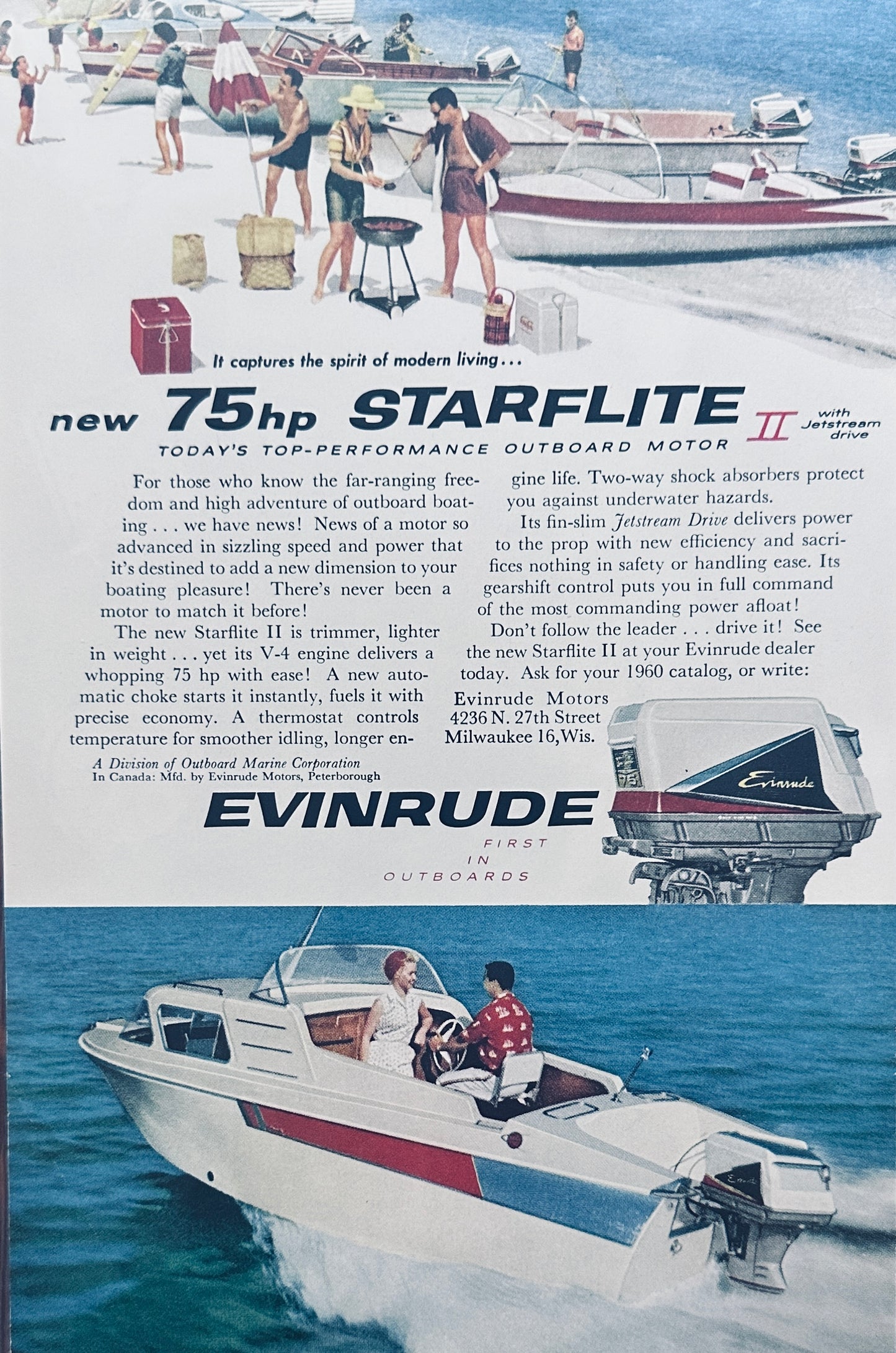 1959 75hp Starflite Evinrude Outboard & Hamilton Wristwatch Magazine Ad