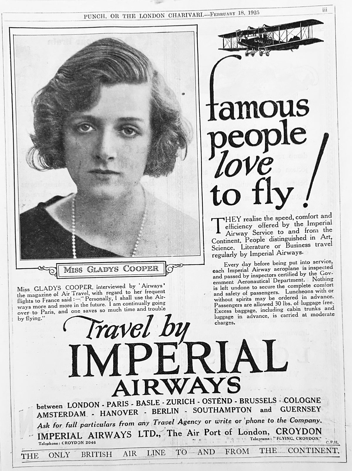 1925 Travel by Imperial Airways - Famous People Love to Fly! Ad #1485