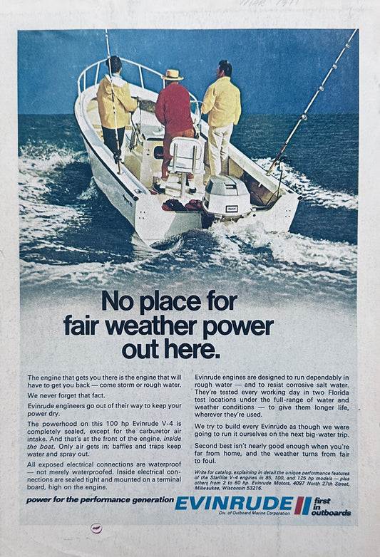 1971 - Evinrude 100hp V-4 Outboard Motor Magazine Ad