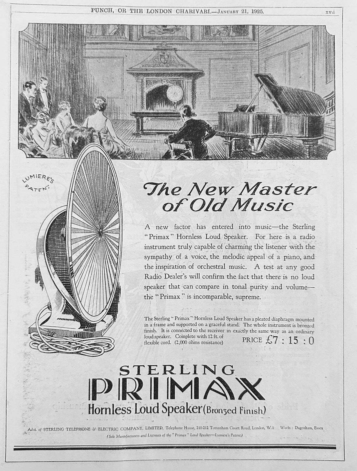 1925 Sterling PRIMAX Hornless Loud Speaker British Ad #N1496