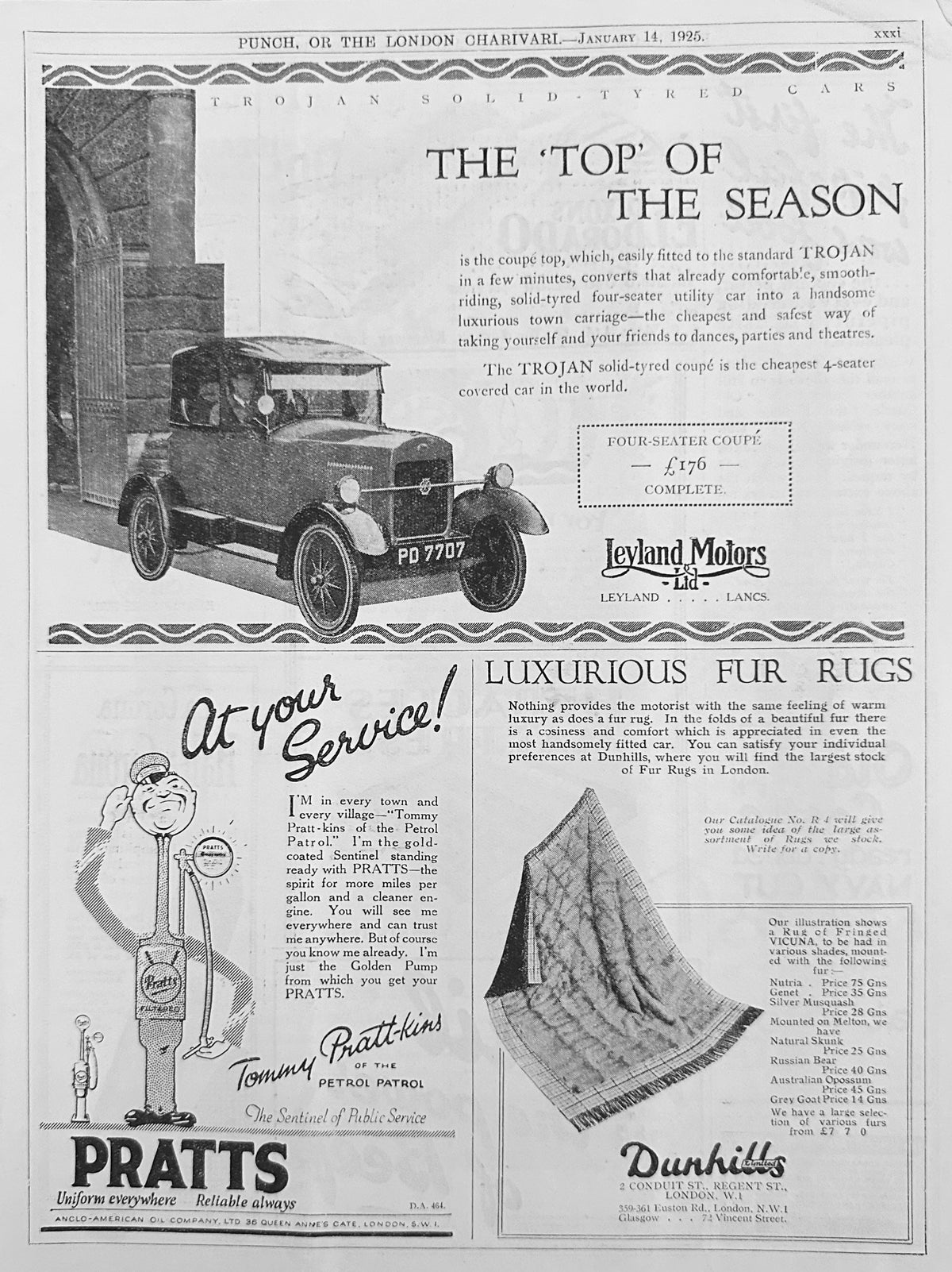 1925 Leyland Motors Trojan Coupe, Pratt's Petrol & Fur Rugs British Ad #N1500
