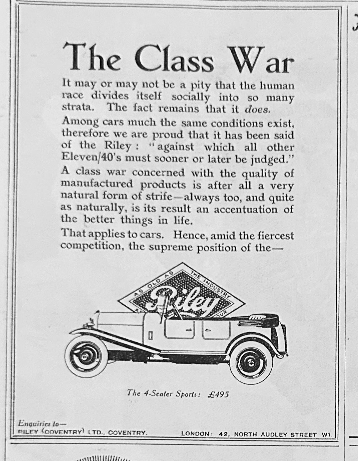 1925 British Prewar Riley 4-seater Sports British Ad #N1502