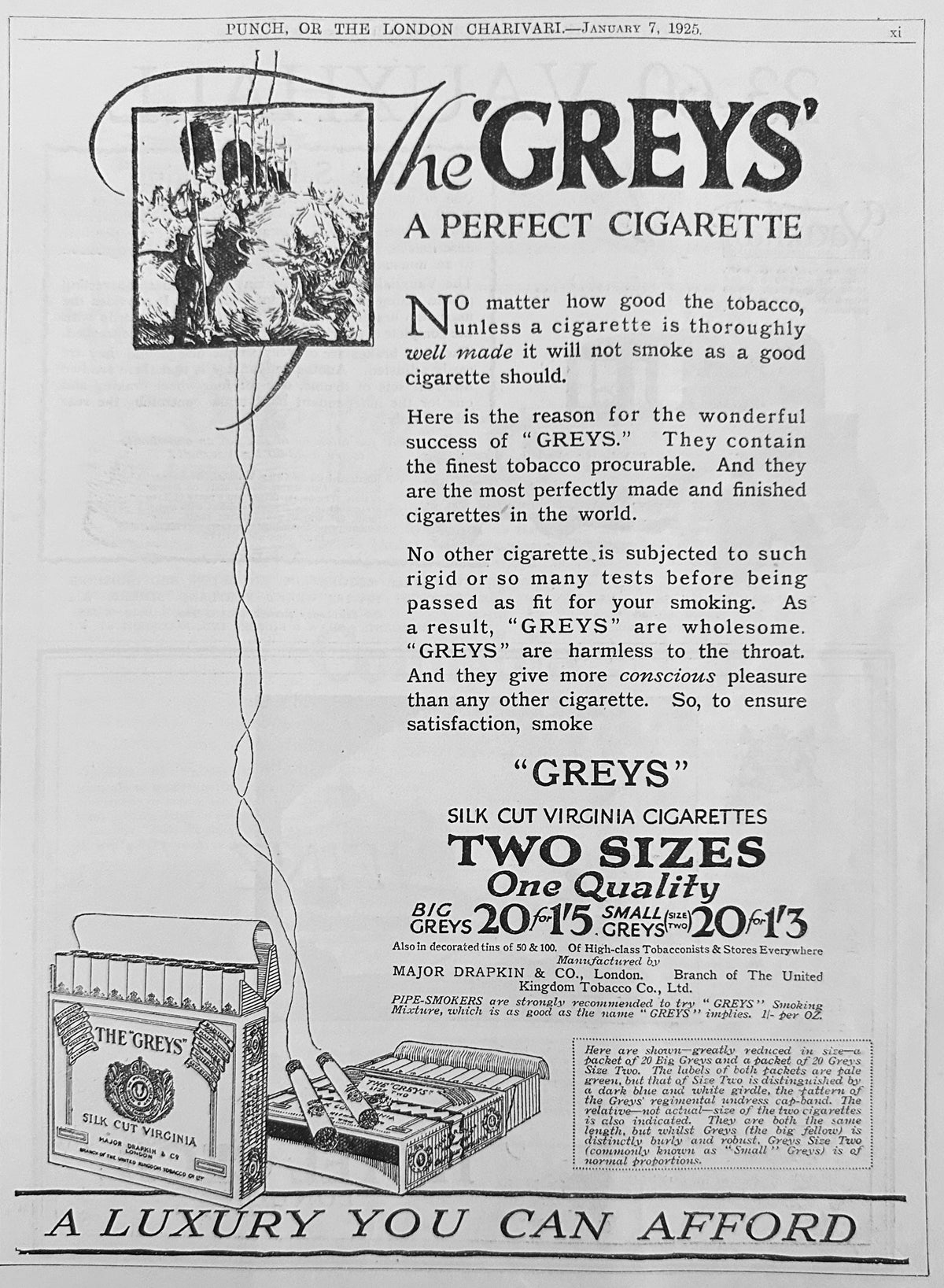 1925 Early Cigarette Brand Sold in Britain - Grey' Cigarettes Ad #N1511