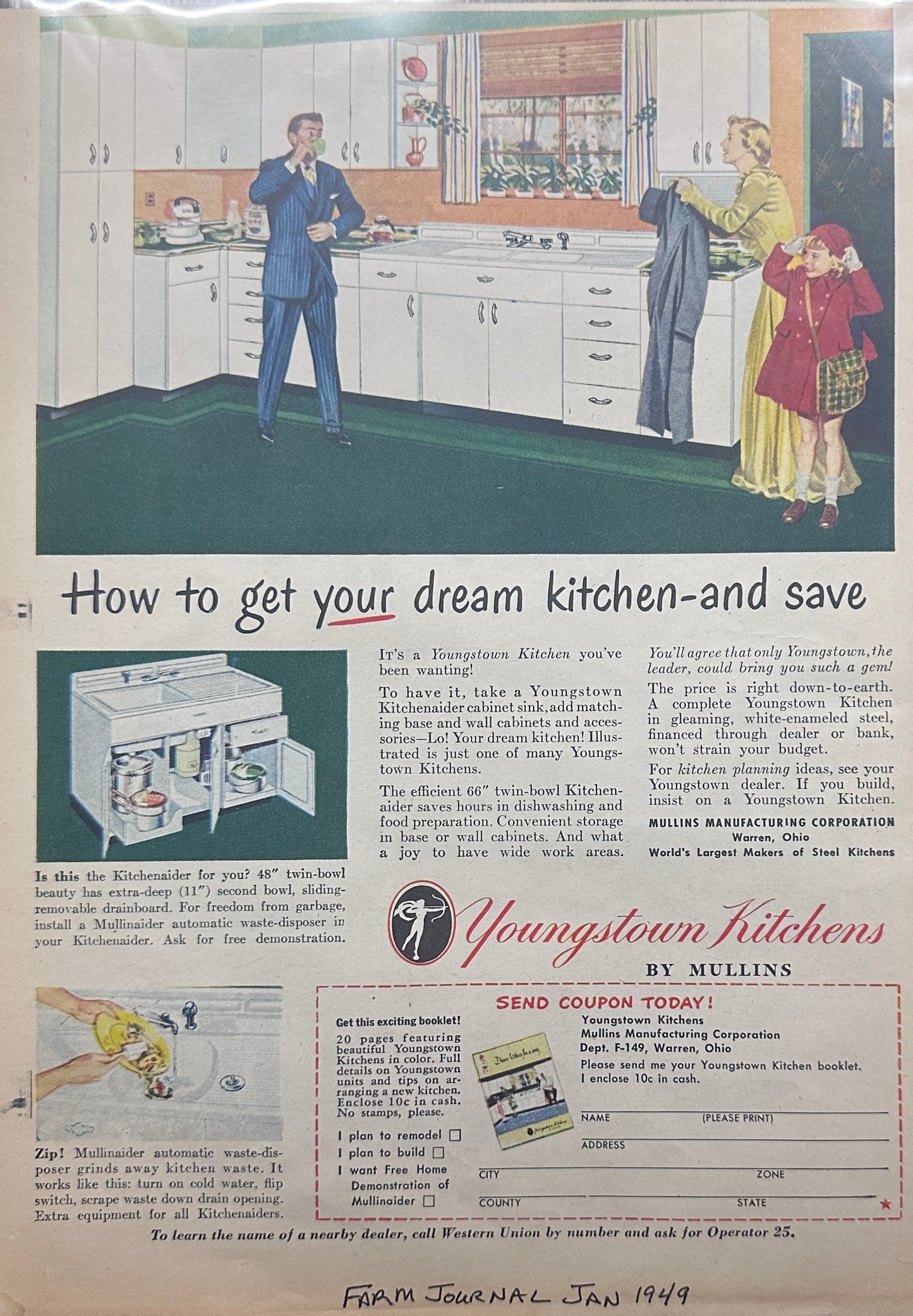 1949 Ford Custom - Out Front + Mullins Steel Kitchen Cabinets Magazine Ad