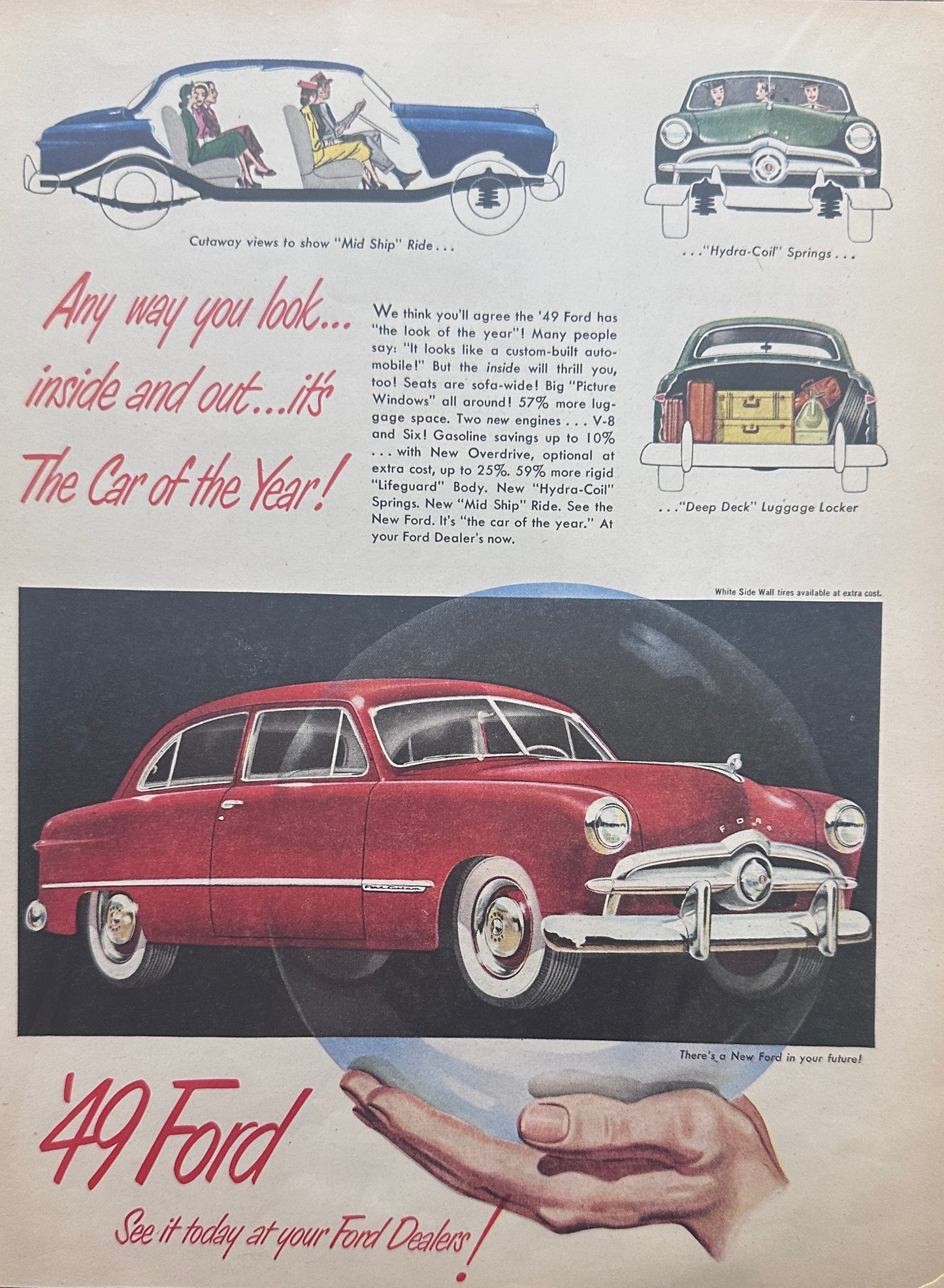 1949 Red Ford Custom Automobile  & Swan Bath Soap Magazine Advertisement