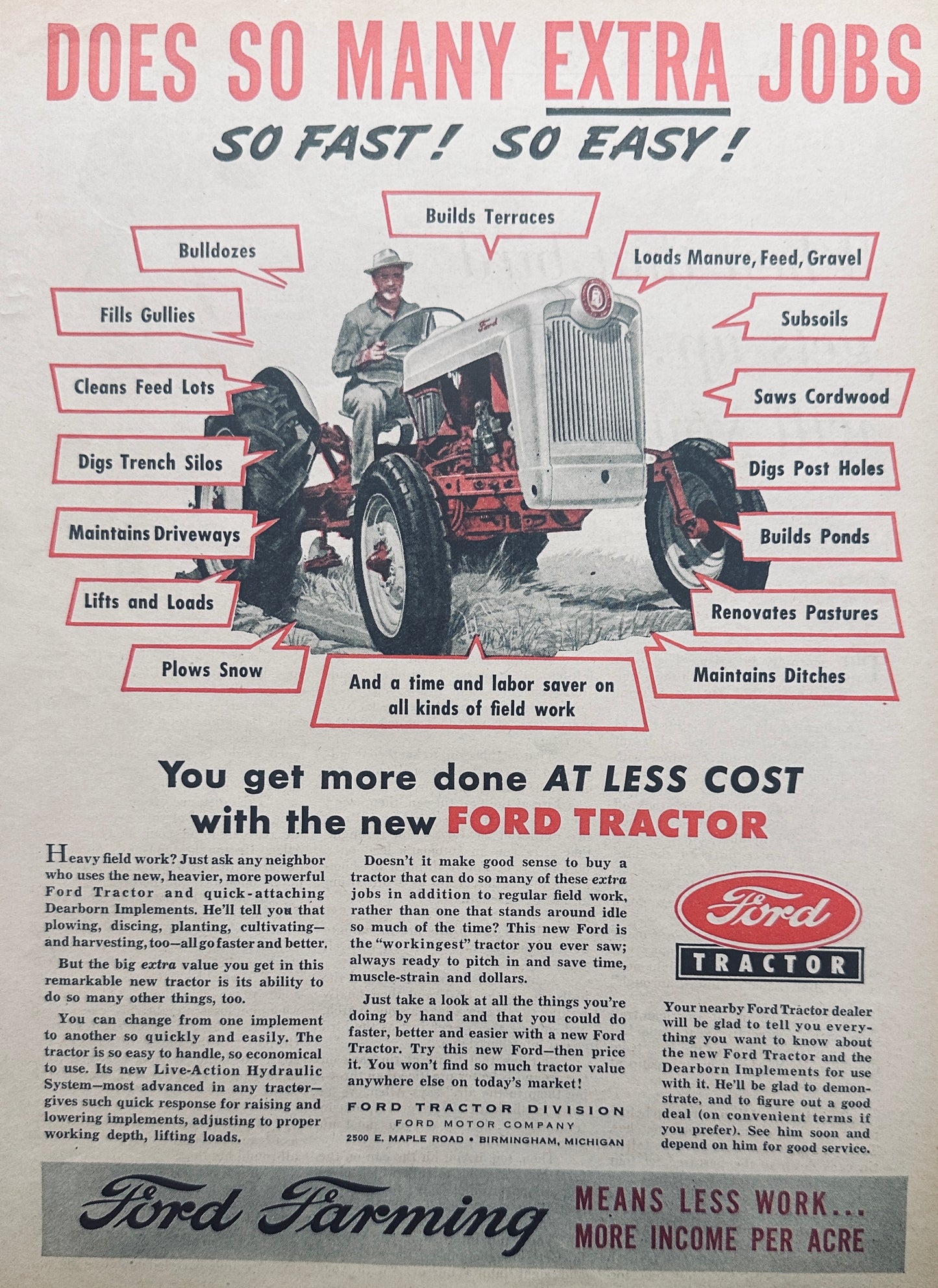 1953 Classic Ford Tractor in Red and Gray Vintage Magazine Ad