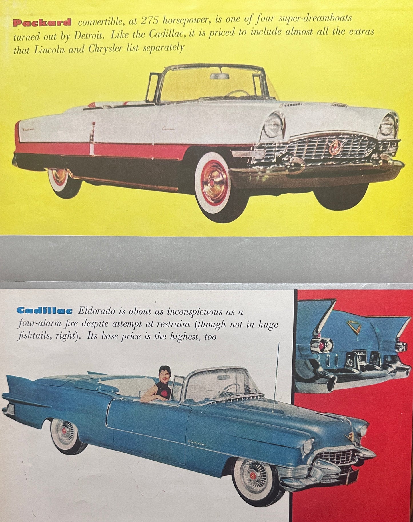 1955 - 1956 Glossy Magazine Prints Packard, Chevy, Ford Fairlane, Cadillac