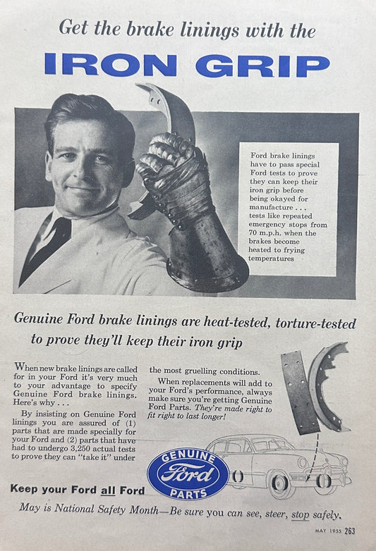 1955 Genuine Ford Parts Iron Grip Brake Linings Magazine Ad