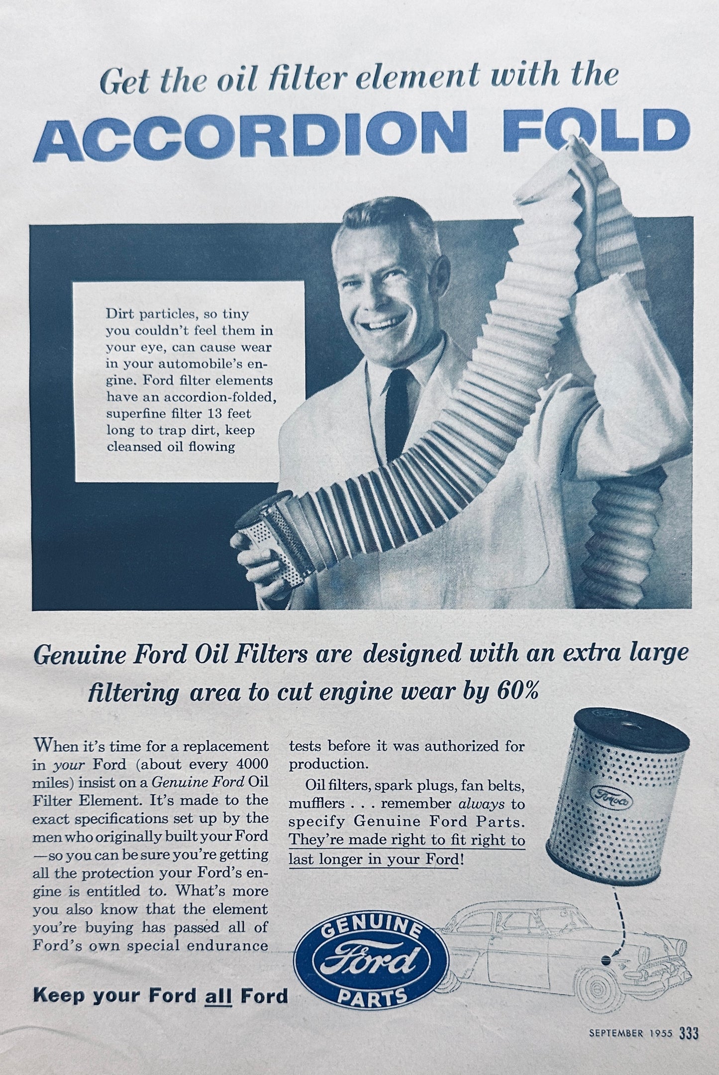 1955 Genuine Ford Parts Accordion Fold Oil Filter Magazine Ad