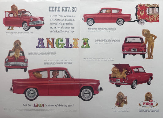 1960 English Ford Line -  Red Anglia 2-Door Sedan - Get the Lion's Share Ad