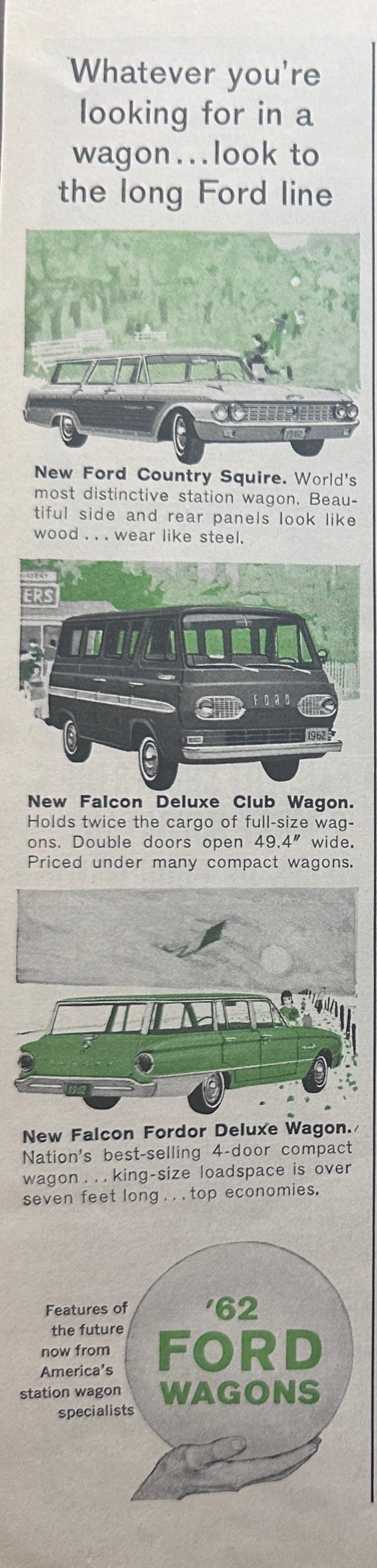 1962 Green Ford Wagon - Edge Ad - Country Squire, Falcon Club Wagons -