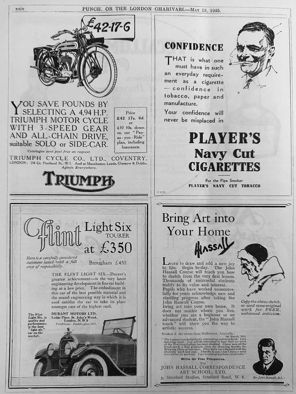 1925 British 4-UP Period Ad  Triumph 500cc, Player's Cut, Flint Motorcar #N1531