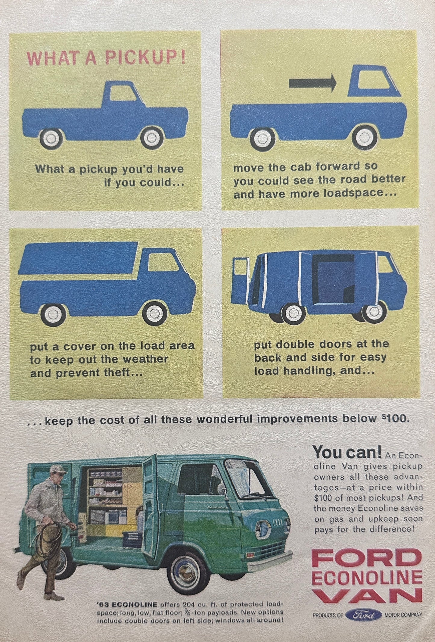 1963 Ford Green Econoline Van  + Miller Beer - Magazine Ad