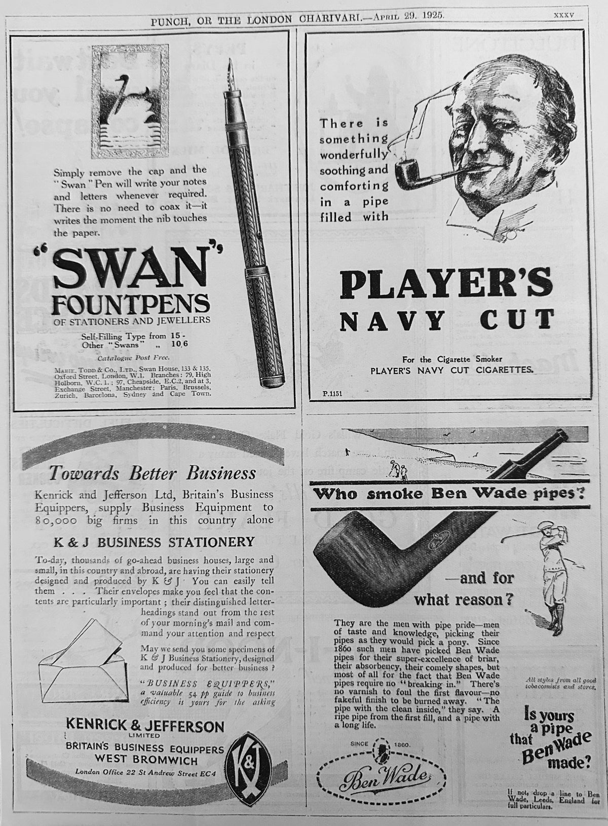 1925 British 4-UP Period Ad Swan Fountpens, Player's Cut, Ben Wade Pipes AD #N1524
