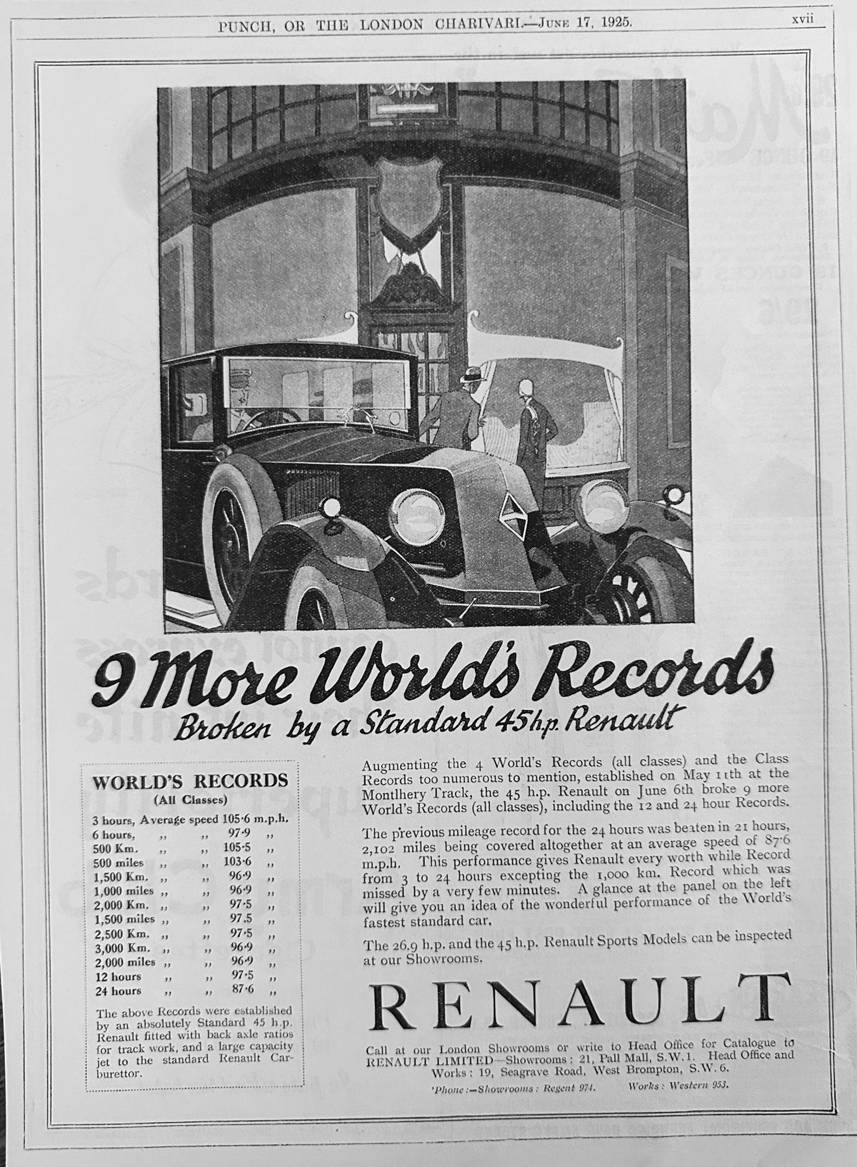 1925 Renault 45 - 9 More World Records Broken - British Ad #N1586