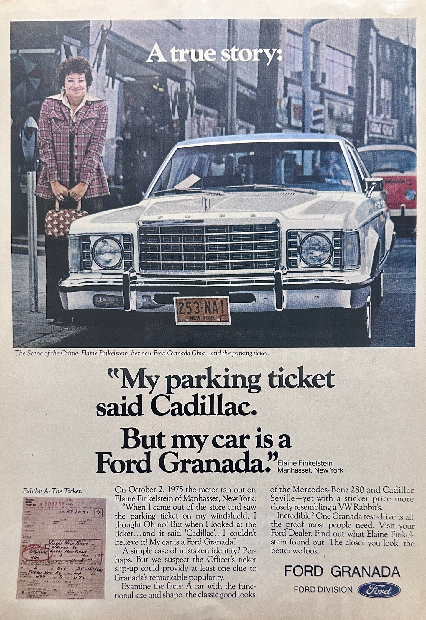 1976 White Ford Granada Mistaken for a Cadillac Magazine Ad