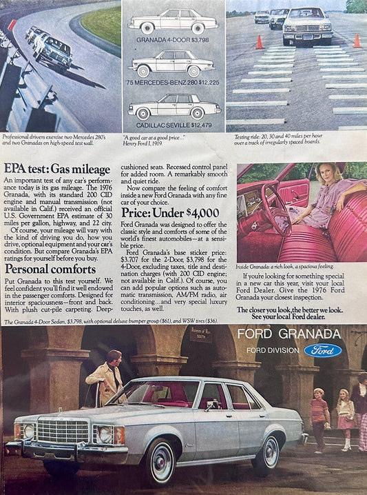 1976 Silver Ford Granada 4-Door Sedan with Red Interior Magazine Ad