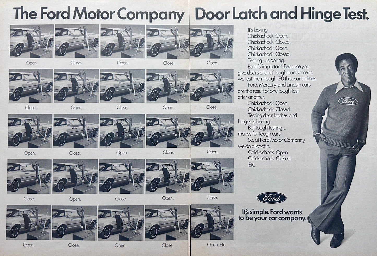 1976 Bill Cosby Promoting Ford Quality Door Latch & Hinge Test Magazine Ad