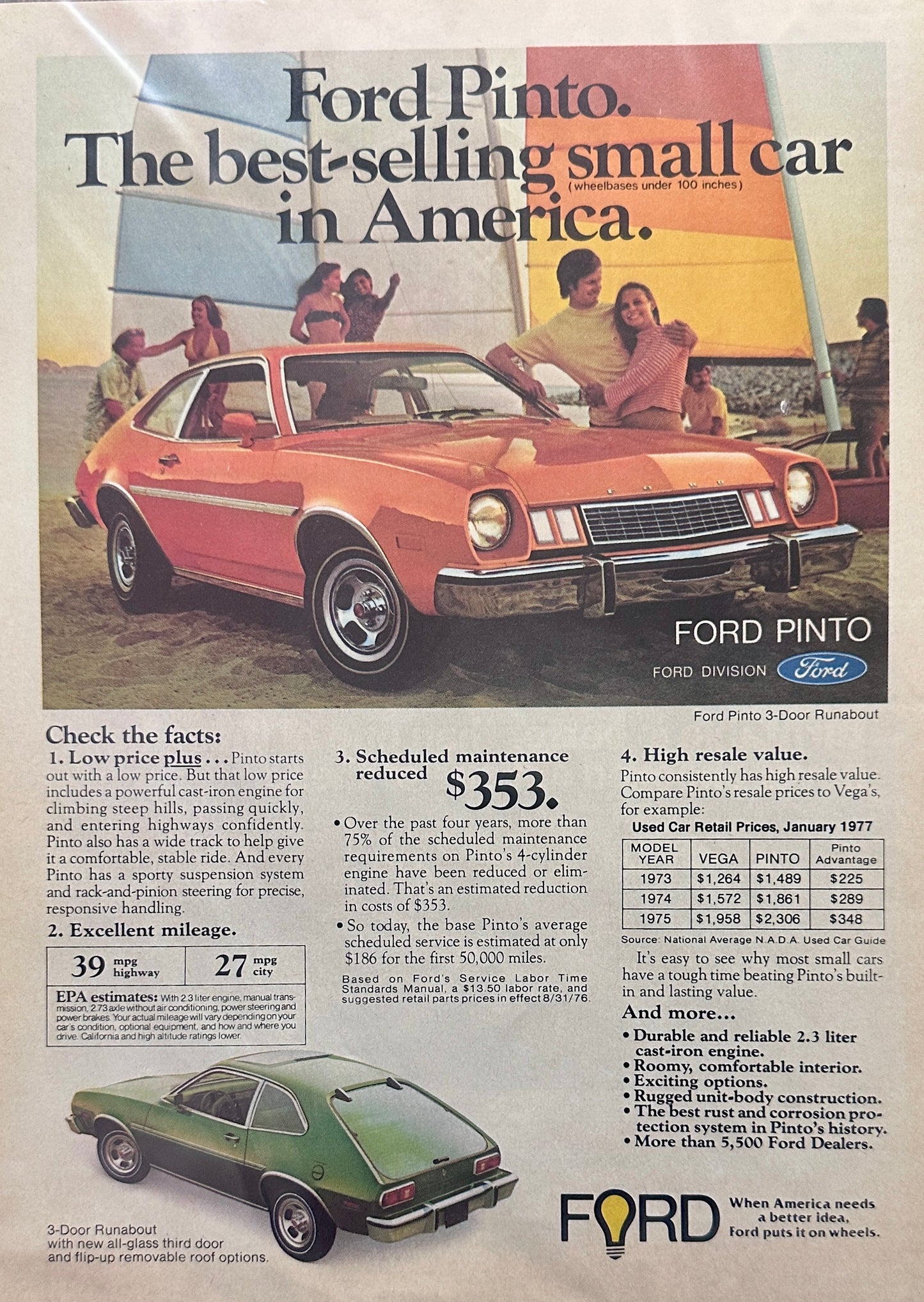 1977 Ford Pinto Hatchback Sailboat in Background Magazine Ad