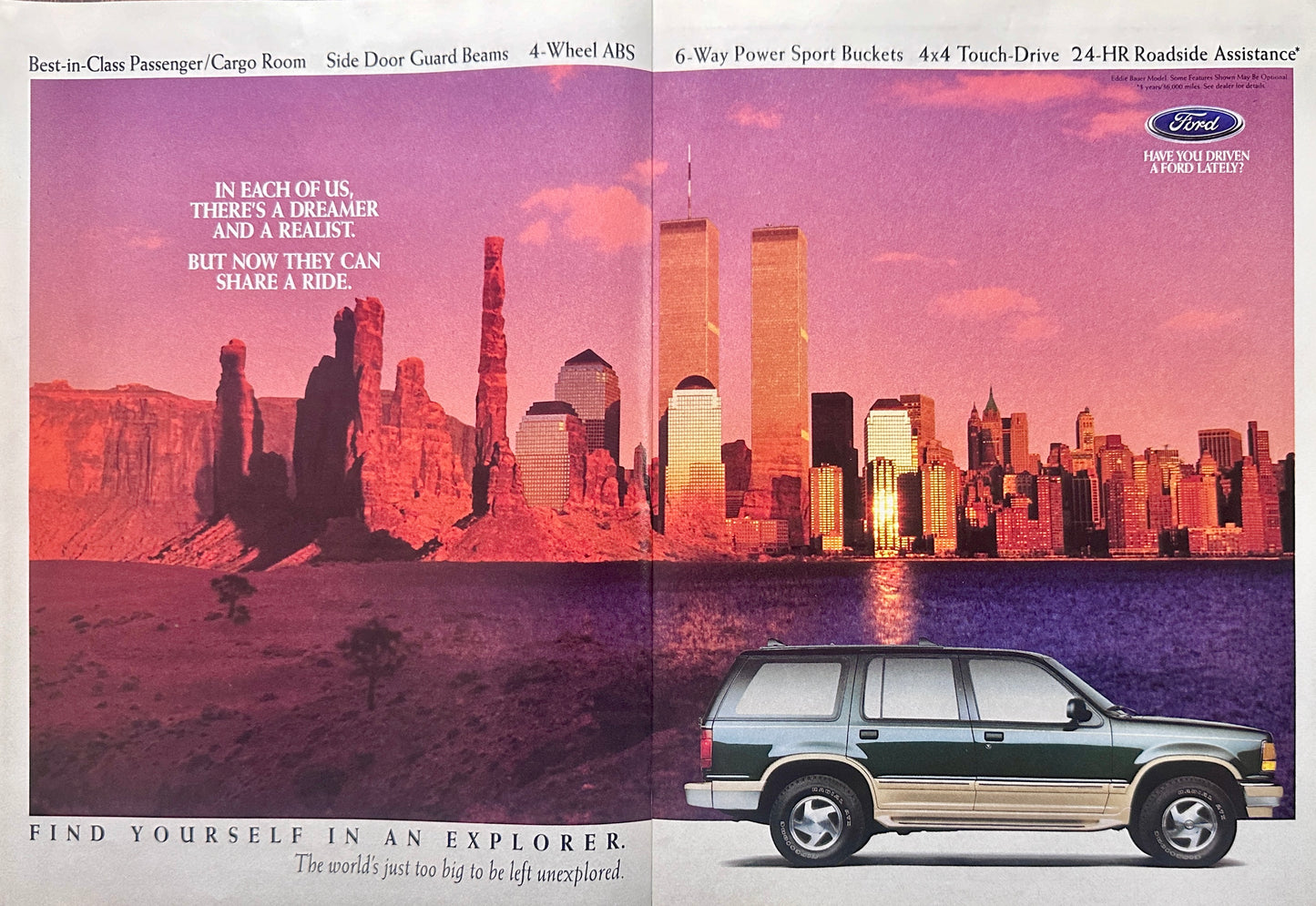 1994 Ford Explorer 2-page Magazine Ad World Trade Towers