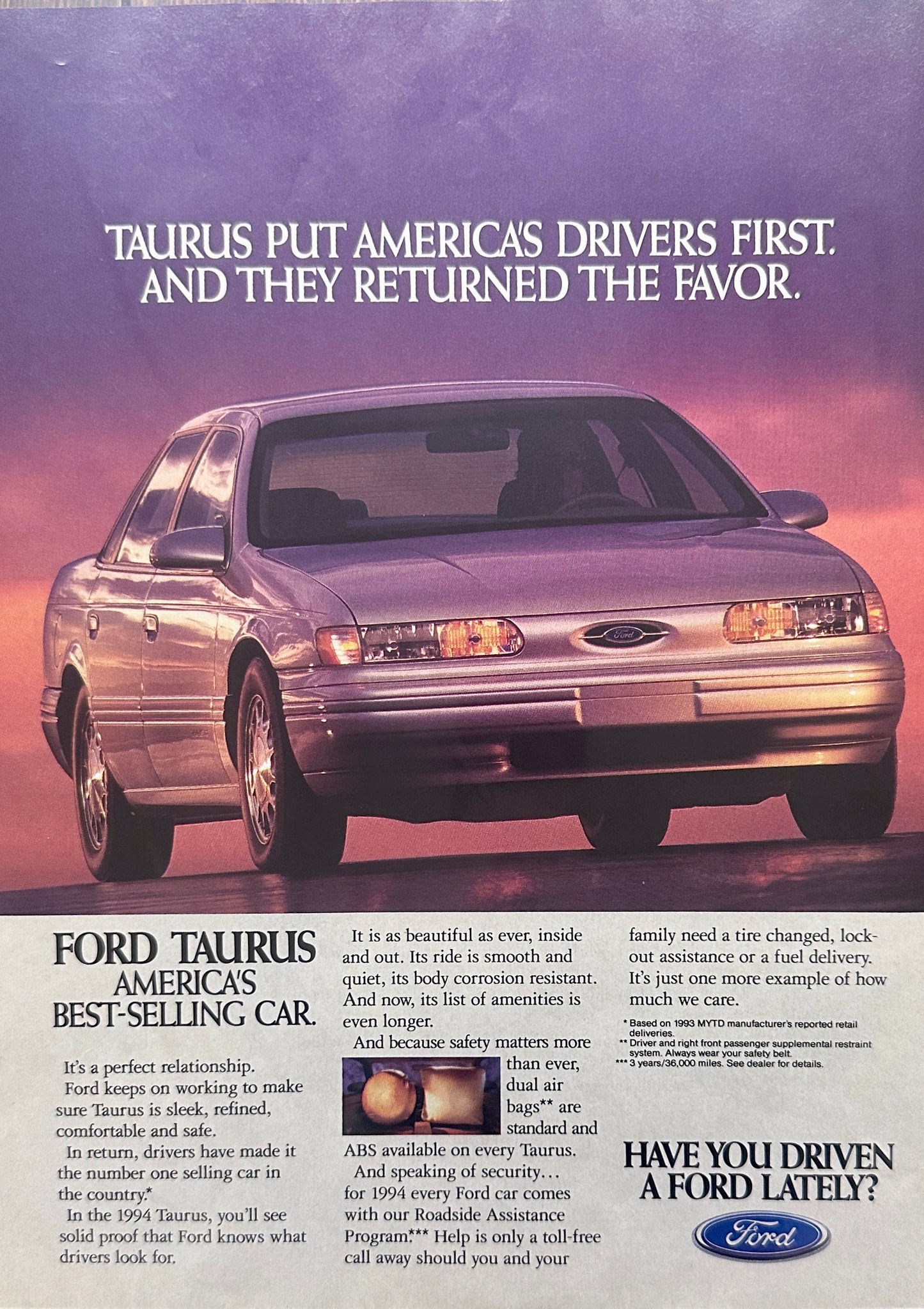 1994 Ford Taurus 4-Door Sedan Purple & Pink Background Magazine Ad