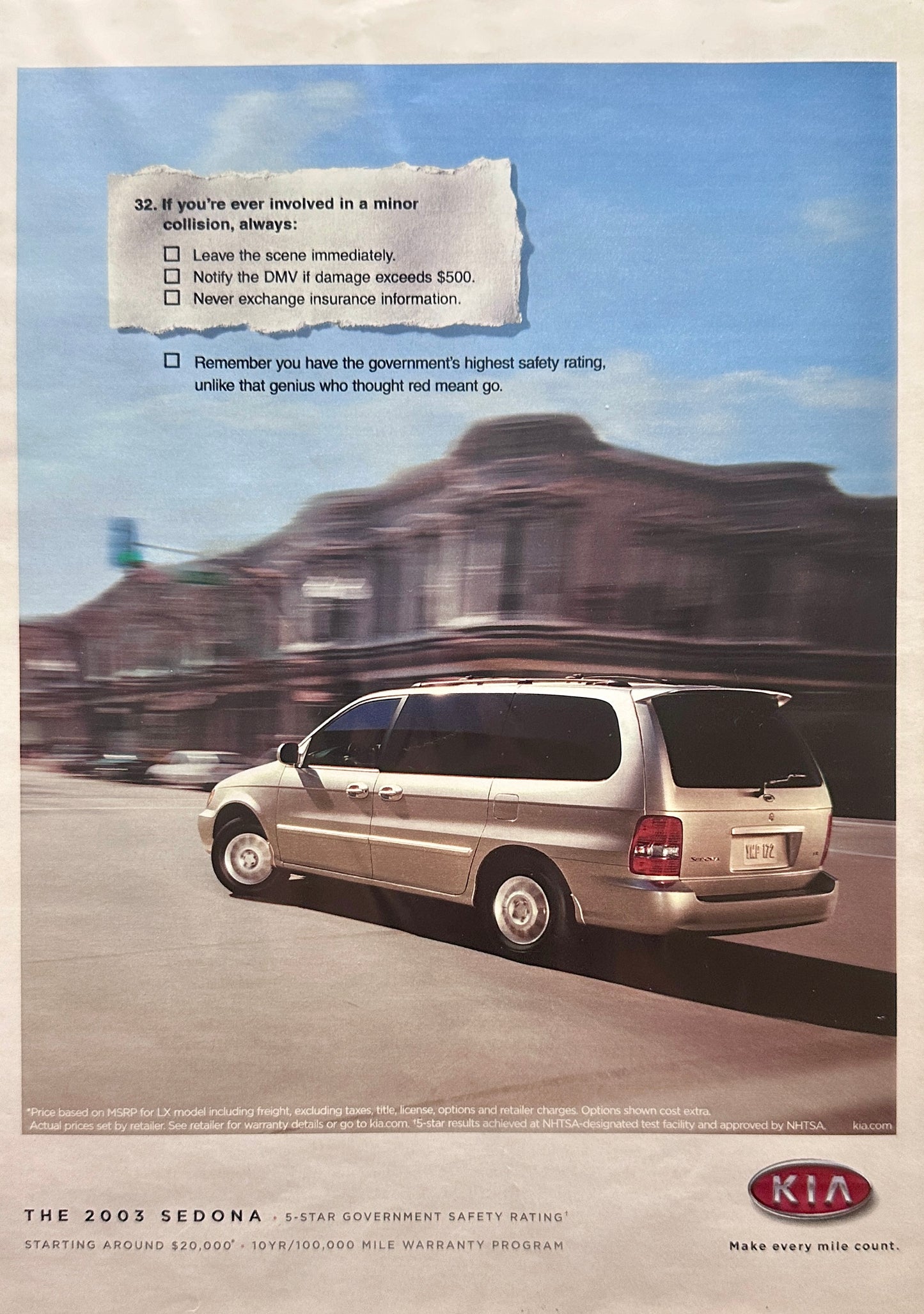 2003 Kia Sedona Minivan - 8.5 x 11" Magazine Ad